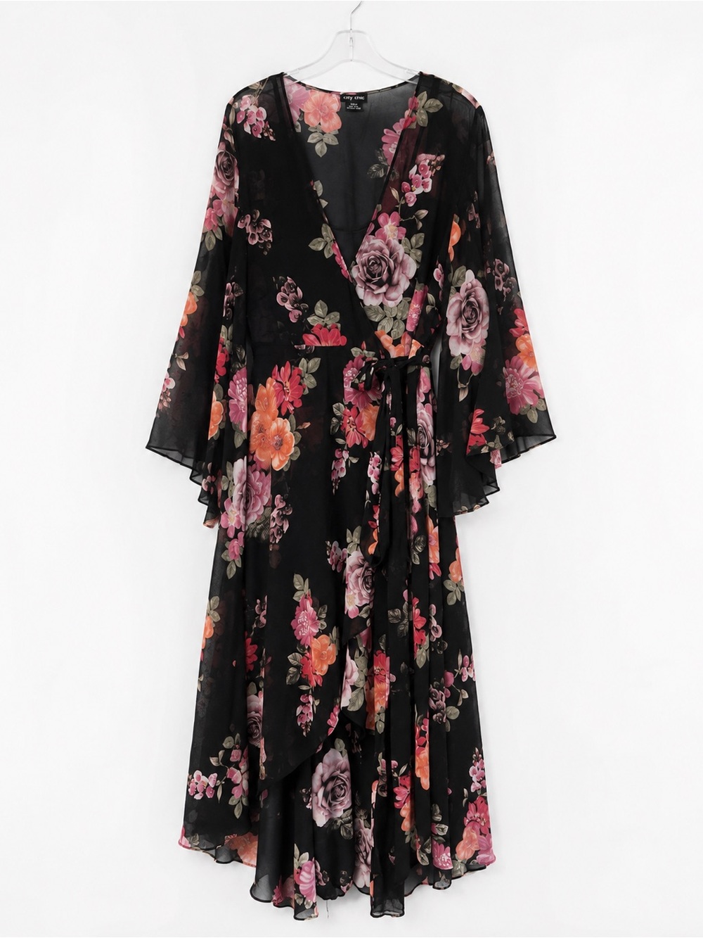 City Chic Paradise Floral Wrap Maxi Dress Black Pink Size M 18 Wedding Guest - Picture 2 of 10